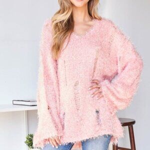 Comfy Oversized Fuzzy Pink Distressed Sweater